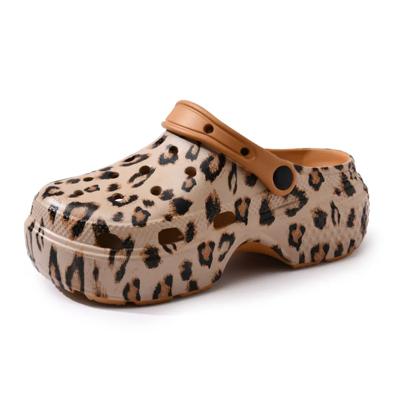 Sabots décontractés à semelles épaisses pour femmes, chaussures imprimées léopard, sandales antidérapantes augmentant la hauteur, pantoufles de plage respirantes pour femmes