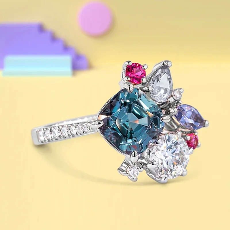 Geometric Colored Cubic Zirconia Rings for Women Luxury Bridal Wedding Band Accessories Fashion Design Statement Jewelry