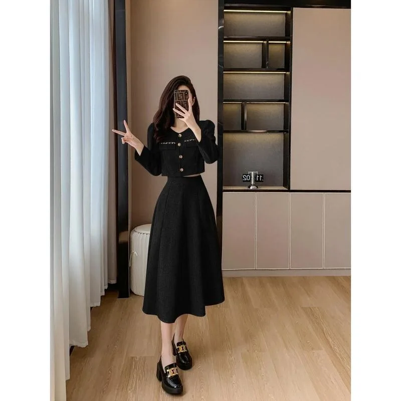 Lnsozkdg 2024 Fall Winter Two Piece Set Women Jacket Coat + Long Skirt 2 Piece Sets Women Outfit Conjuntos Femininos Elegantes