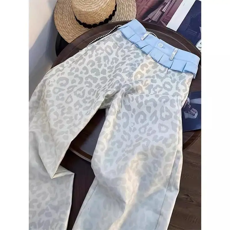 Calça jeans reta lavada americana, saia com estampa de leopardo, emenda y2k, novo nicho retrô feminino, design solto, calças de pernas largas