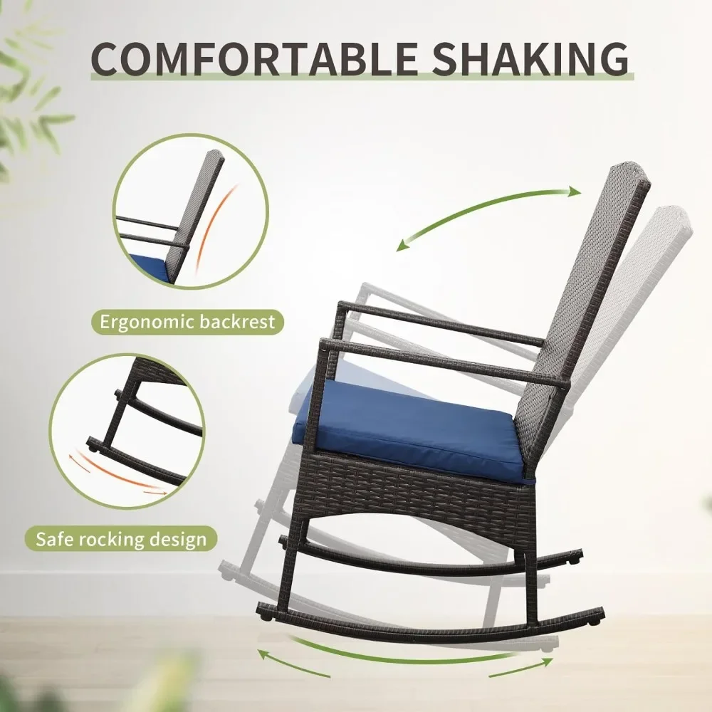 3-Piece Rattan Rocking Chair Set, Pátio de Vime e Bistro, Marrom e Rattan Móveis Conjuntos com Mesa de Café, Almofada Azul Marinho