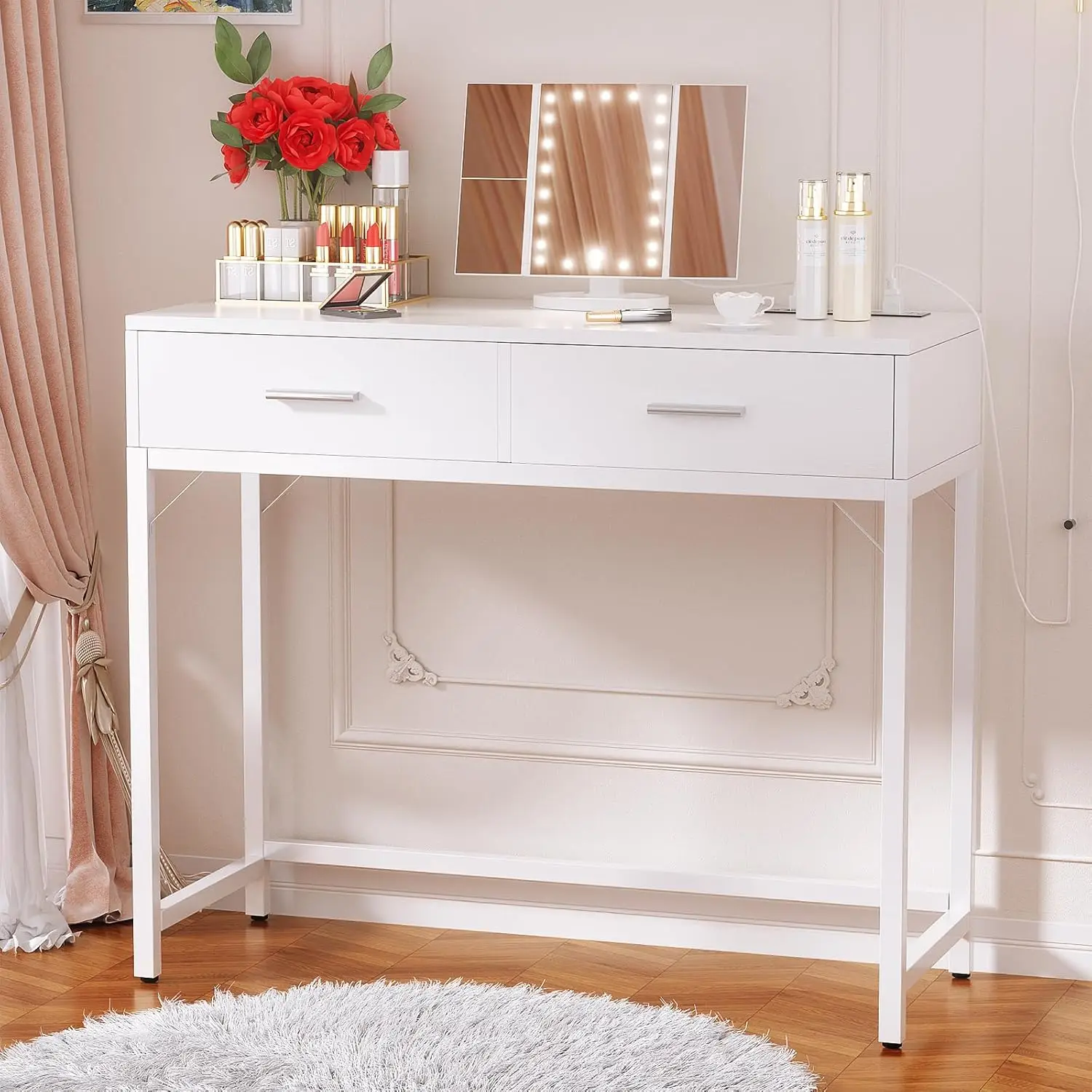

Vanity Desk with Mirror and Lights,36'' Makeup Vanity Desk with Power Outlet,Vanities Set Dressing Table with Drawers ForBedroom
