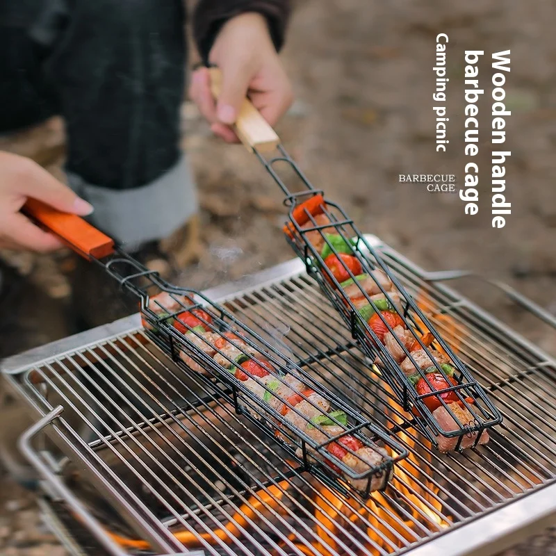 Wooden Handle Barbecue Cage,  Sausage Hot Dog Basket Grill Net, Camping Barbecue Tool, Barbecue Clip Grill