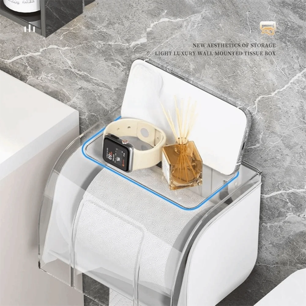 Waterproof Toilet Paper Holder Self Adhesive Flat Top Bathroom Tissue Box Widen Paper Outlet Space-Saving view 2