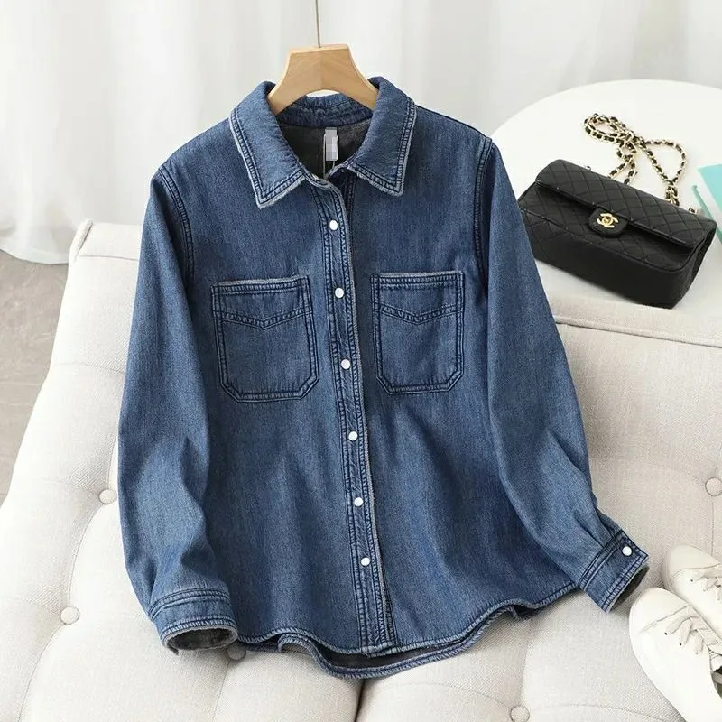 Jaket Denim tebal musim gugur musim dingin mantel Atasan lembut beludru berjajar Single Breasted Chaquetas Vintage Casaco wanita baru koboi Jaqueta