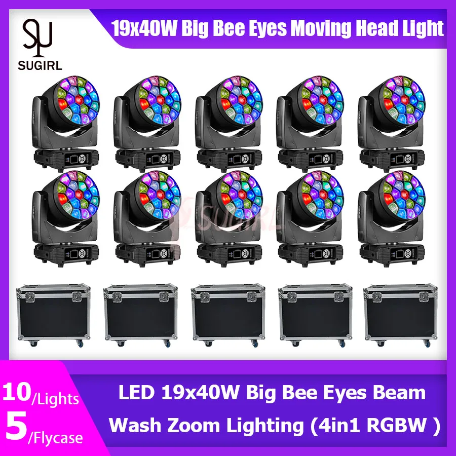 0 Tax 10PcsLED Beam Wash Big Bees Eyes 19x40W RGBW Zoom Moving Head Lighting With 5 Flycases With LED Aperture DJ Disco Stage