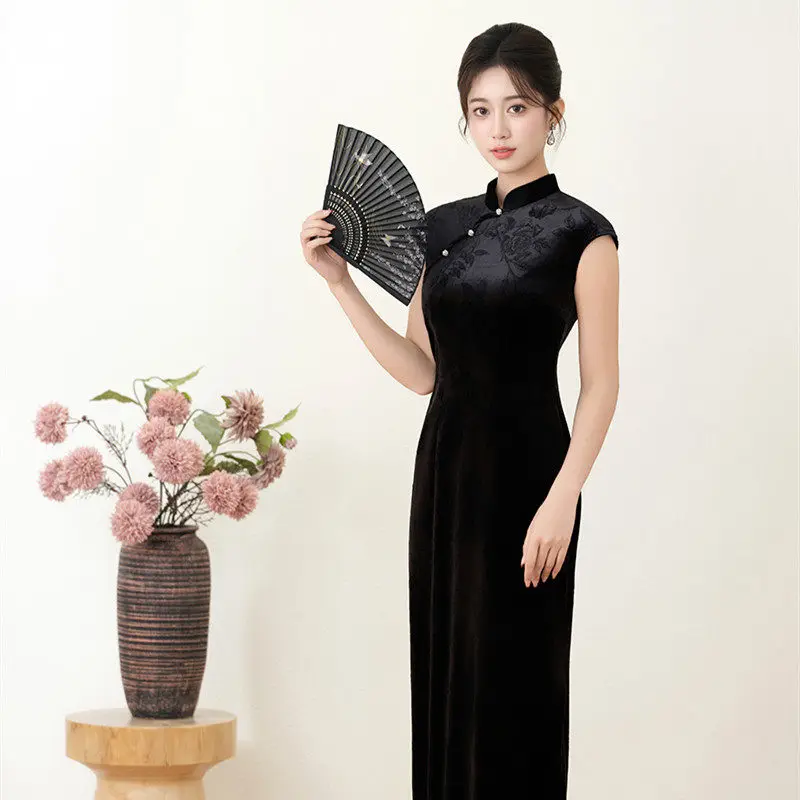 

Bla Stand Collar Svel Long Version Women's Qipao Summer Slimming Retro National Sle Improved Western Dr Ele