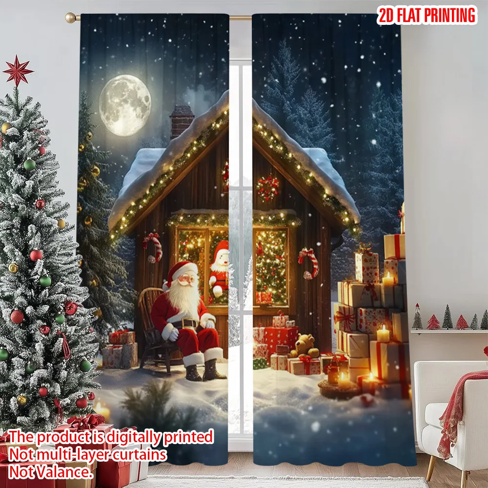 

2pcs 2D flat printing Merry Christmas Window Curtains Country Christmas 1 Durable 100% Polyester Fabric Without Electricity
