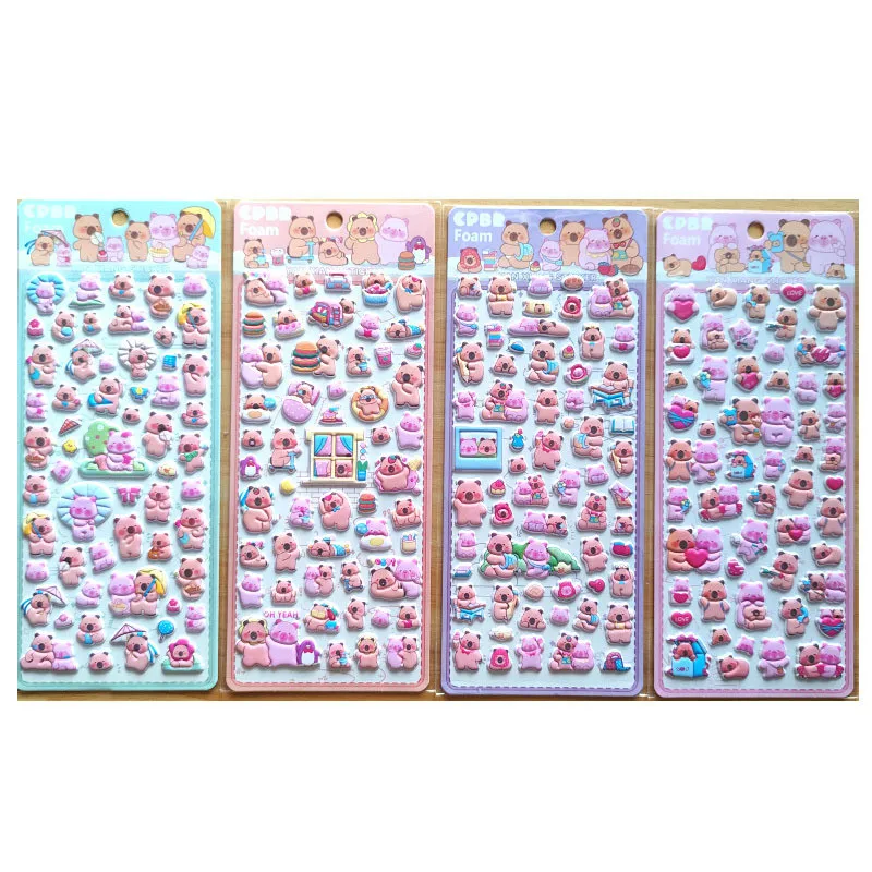 4 Pcs Capybara Cubs & Bears Soft Kids' Cartoon Bubble Stickers - 3D Soft Decor, Cute Embellishments for Scrapbook Diary Notebook