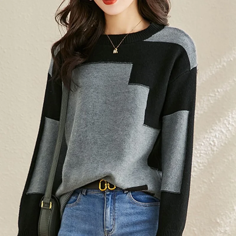 2023 Autumn/Winter New Round Neck Long Sleeve Sleeves Show Thin Contrast Knit Bottom Shirt Temperament Office Lady Women\'s Top