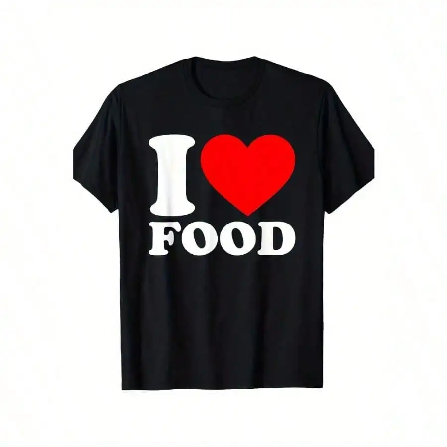 T-shirt graphique "I Love Food" pour hommes – 100% coton, t-shirt décontracté à manches courtes et col rond avec cœur rouge audacieux