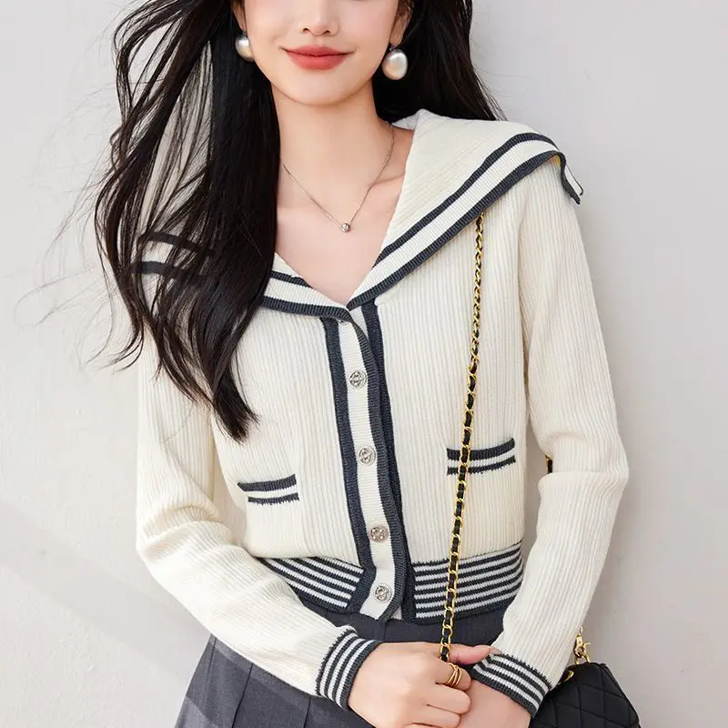 

Осенний новый женский вязаный кардиган, темно-синий свитер с воротником контрастного цвета, уютный теплый модный стиль Pure Desire, сексуальный многослойный кусок