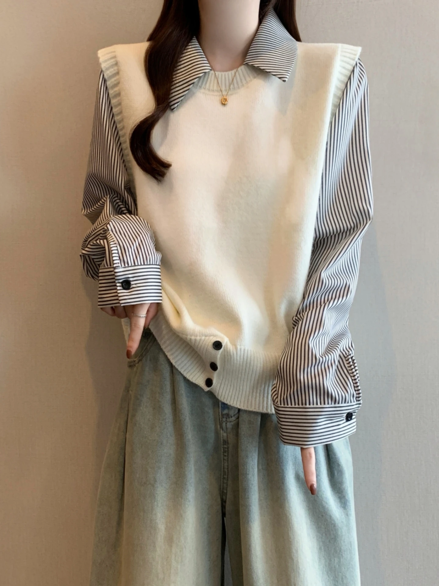 Striped Neck Short Knitted Vest And Shirt Fake Two-Piece Set for Women Spring Autumn plus Size Comfortable Soft Korean S...