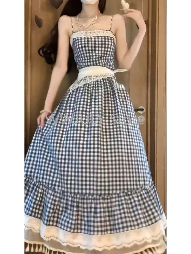 Woman Korean Fashion 2 Piece Set Pure Color Short Tops + Blue Plaid Sleeveless Midi Dress French Vacation Style Dress Harajuku