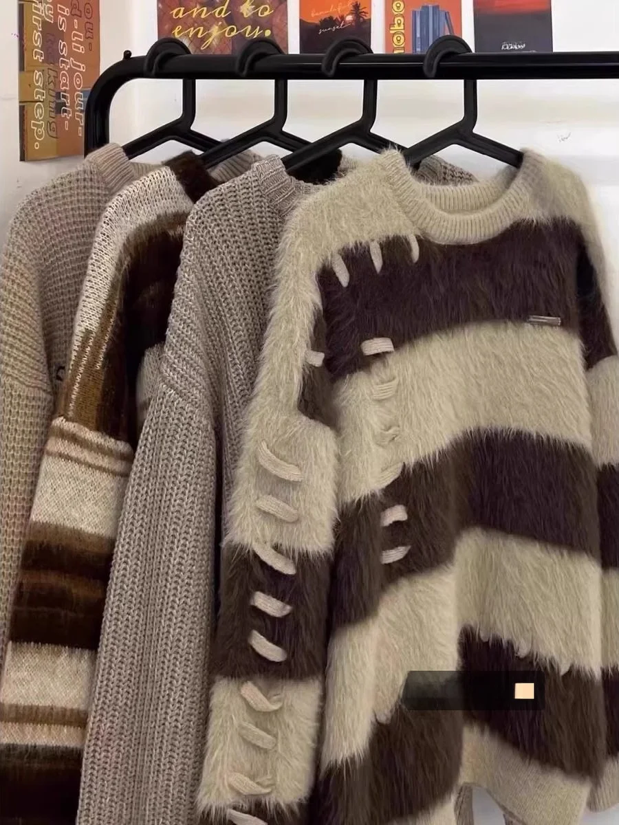 

Зимний женский свободный крой, цветной норковый бархатный полосатый трикотаж, удобный топ Lazy Sle Long Sve round Ne