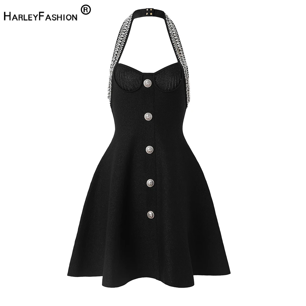 

Eye-catching Party Evening Design Shining Rhinestone Beadings Women Black Knitting Halter Dress High Quality