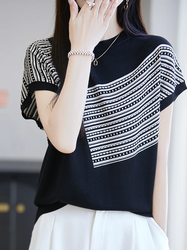 夏用ルーズフィットストライプTシャツ レディース ニット ラウンドネック ニットベースレイヤー スプライスカラー 通勤 スタイル