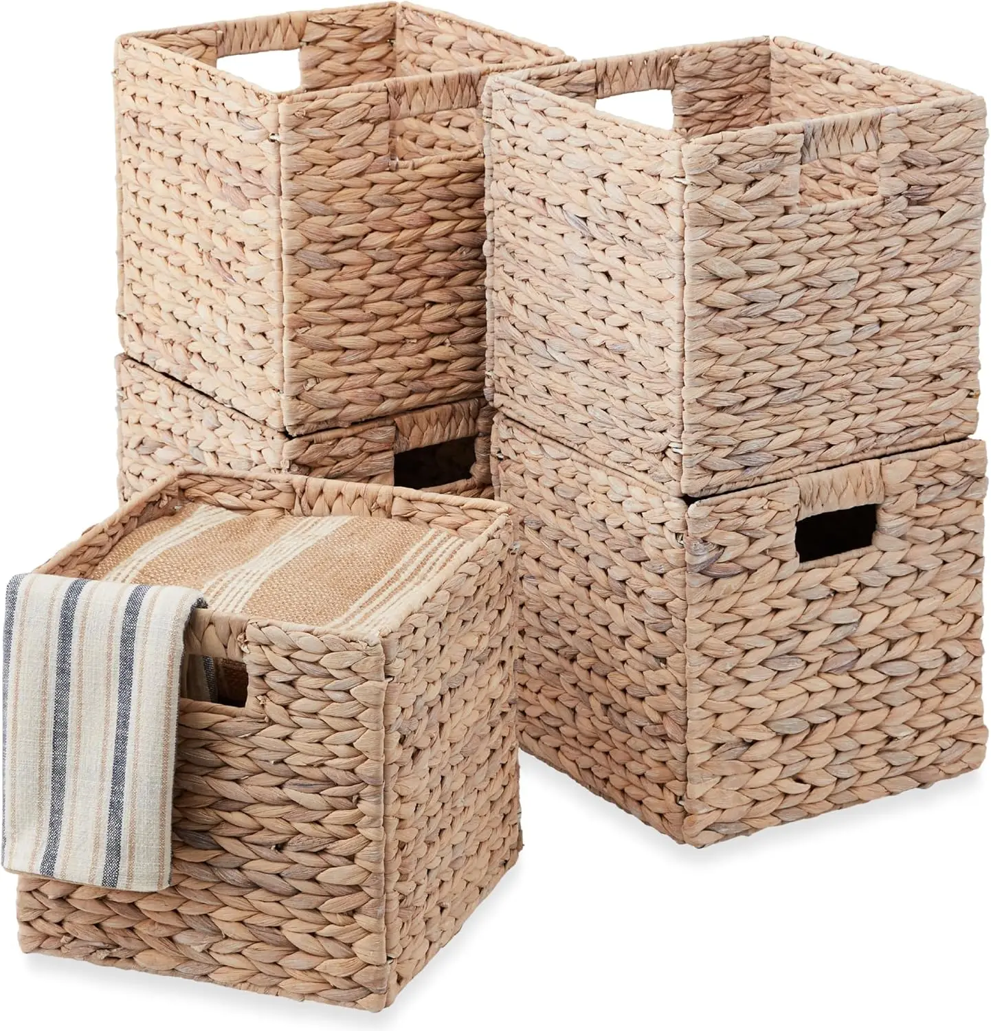 10.5x10.5in Hyacinth Baskets, Rustic Set Of 5 Multipurpose Collapsible Storage Organizer, Handwoven Laundry Totes for Bedroom