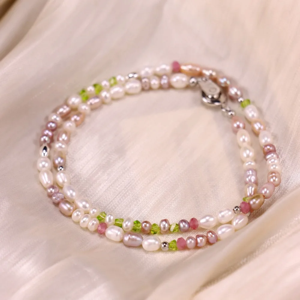 

Statement Jewelry Rainbow Color Tourmaline Rice Bead Stone Necklace for Women Ins Commuting Simple Stacking Thin Chain Bracelet