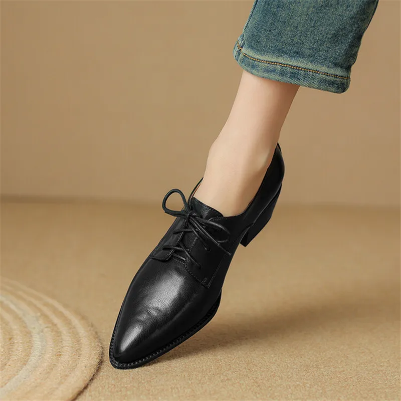 New Spring Split Leather Women Shoes Pointed Toe Women Pumps Chunky Heels Lace Loafers Shoes for Women French Retro Casual Shoes