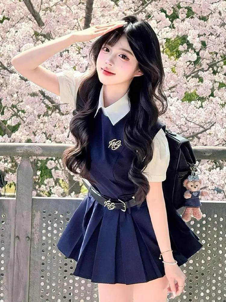 

Летний новый женский комплект в студенческом стиле: топ с коротким рукавом и плиссированная юбка с завышенной талией на бретелях