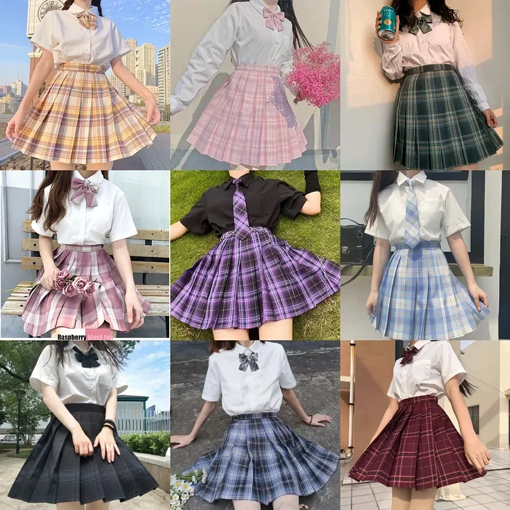 Saia xadrez japonesa A-Line Conjunto completo, uniformes do ensino médio, saia de cintura plissada sexy para menina