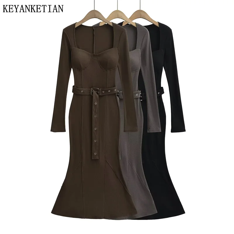 

KEYANKETIAN Winter New Women's Breast Cushion Knit Dress Elegant Stylish With Belt Square Collar Slim A Line Ankle MIDI Skirt