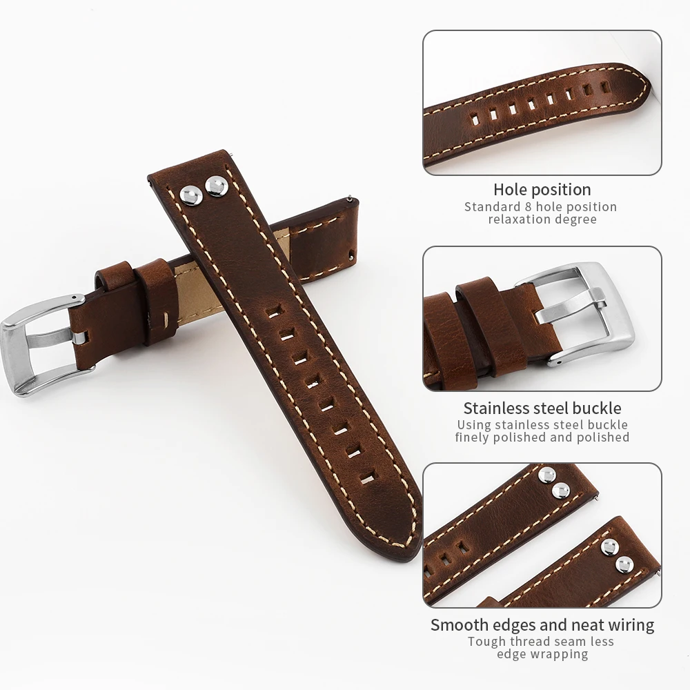 Rivets Quick Release Watch Strap Band 20mm 22mm Coffee Brown Watchband Stainless Steel Buckle Wrist Belt Bracele