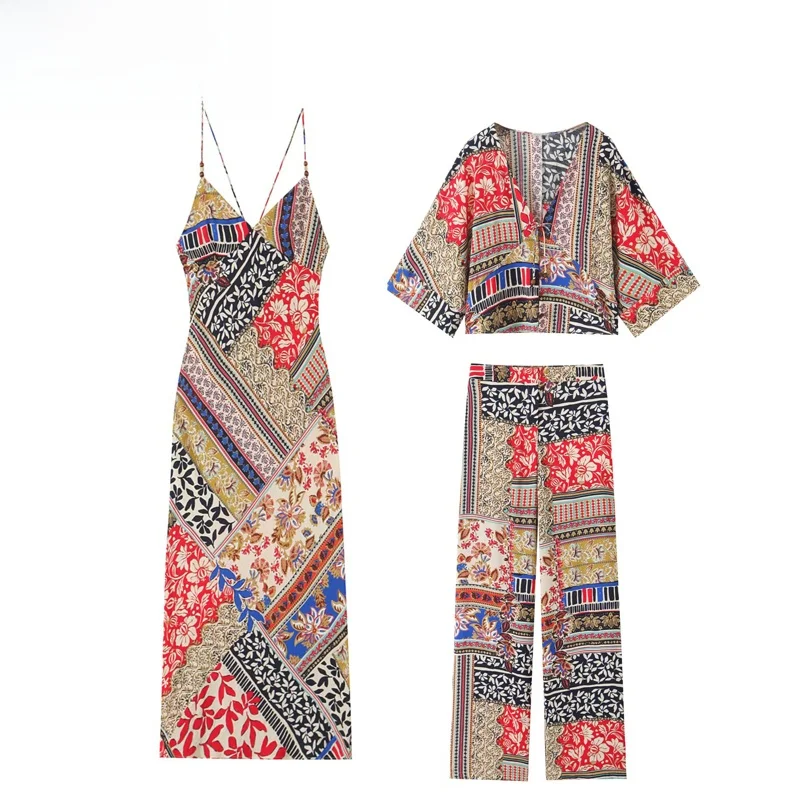 

ZBZR Spring New Women's Faion Patchwork Print Midi Dr Long Sve round Neline Two-Piece Set Polyester Fiber