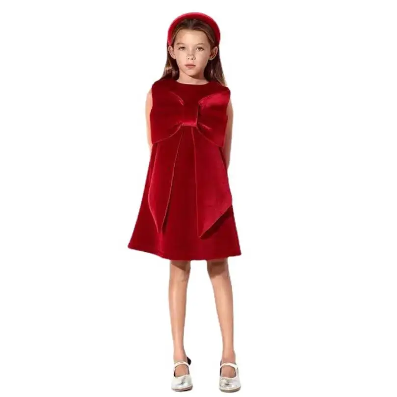 2024 New Year Child Big Bow Red A-line Dress Birthday Baptism Party Princess Gown For Girls Clothing 1-8 Year A3309