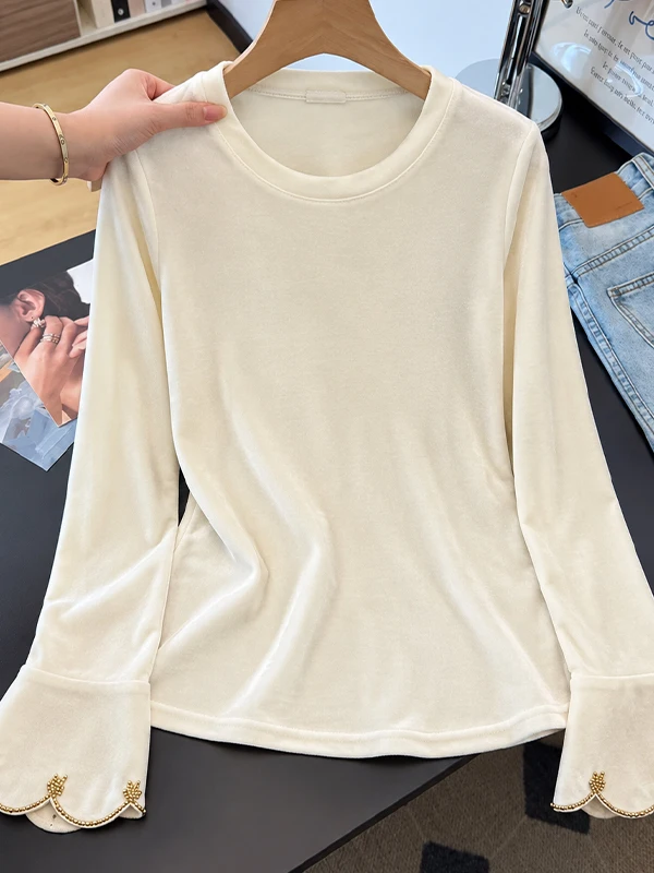 Velvet Long Sleeve Women's Base Shirt Beaded Inner Wear Chinese Style Fashionable Autumn Winter New Arrival Versatile T-Shirt