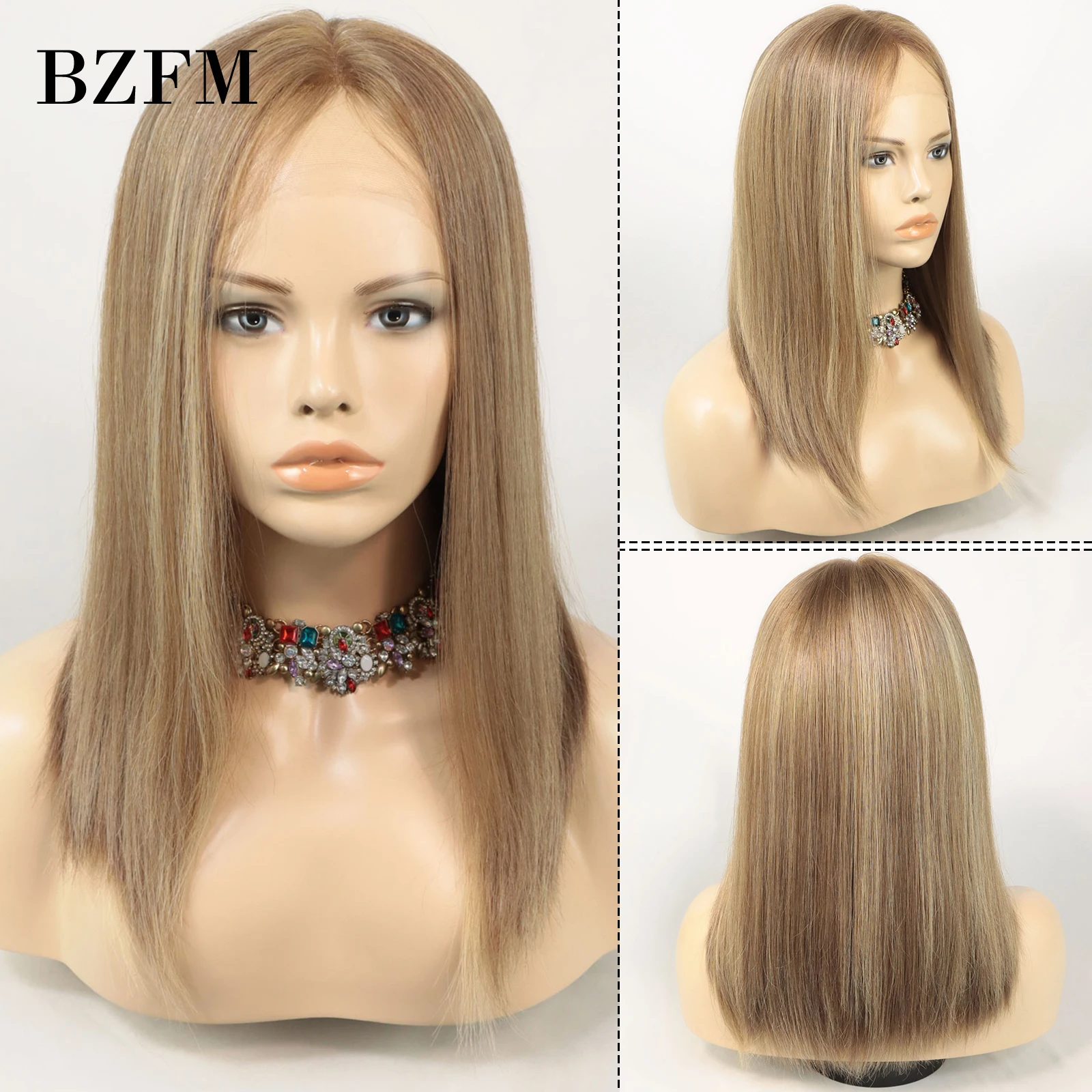 Ombre Brown Blonde Highlight 4x4 Closure Lace Wig Jewish Human Hair Wigs for Women 10 14 Inch Long Straight Bob Lace Frontal Wig