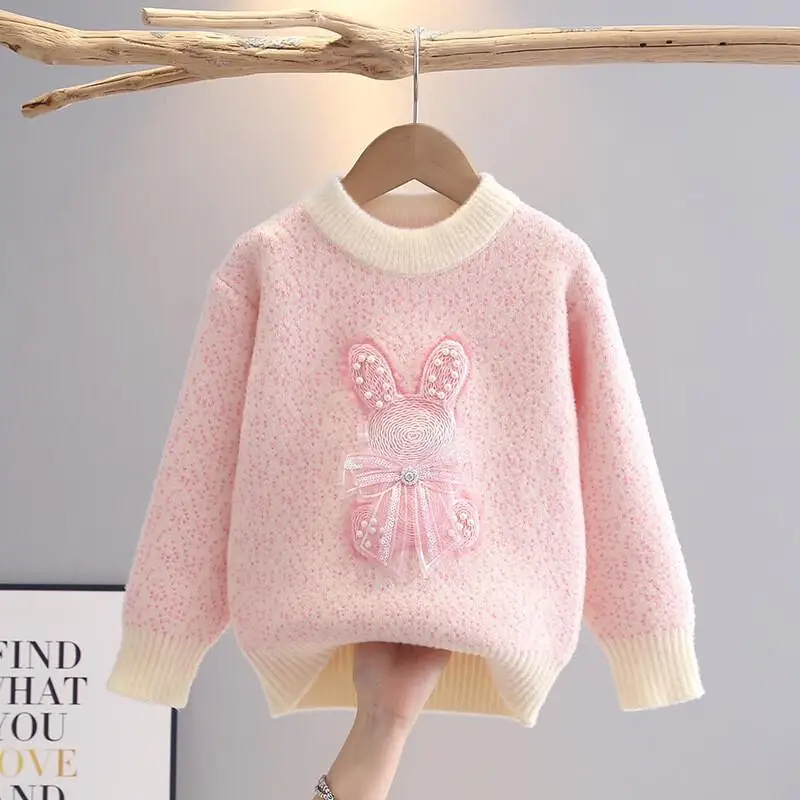 

Kawaii повседневное пальто, топы, модная детская одежда, свитер для девочек, новинка 2024, осенне-зимний вязаный пуловер, плотный корейский флис