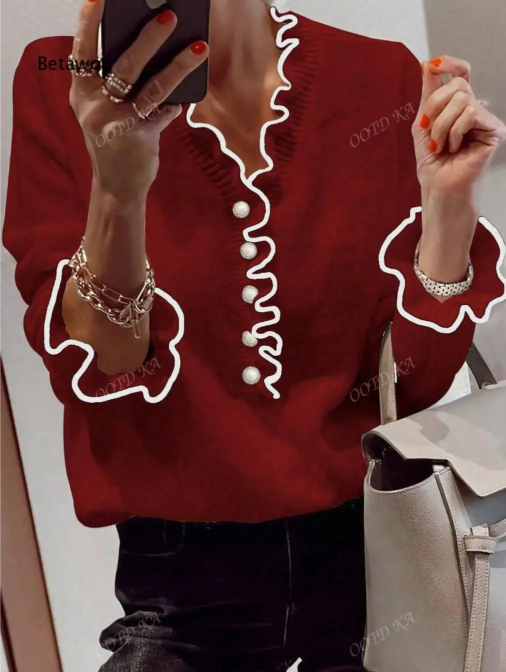 Autumn Casual Loose Long Sleeve Blouse For Women V Neck Ruffle Ornament Decor Button Front Soft Comfortable Daily Shirt