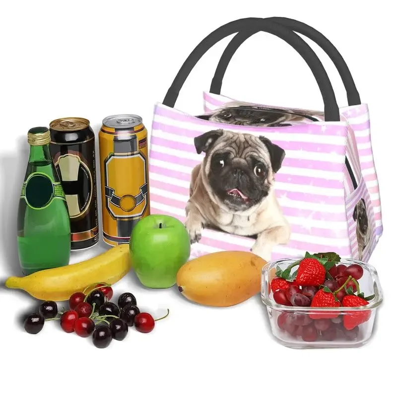 Lovely Pug Dog Insulated Lunch Tote Bag for Women Portable Cooler Thermal Bento Box Outdoor Camping Travel