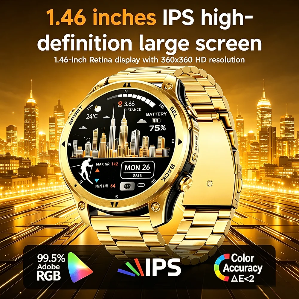 Gold Smartwatch with AMOLED Screen and Flashlight, Gift for Men
