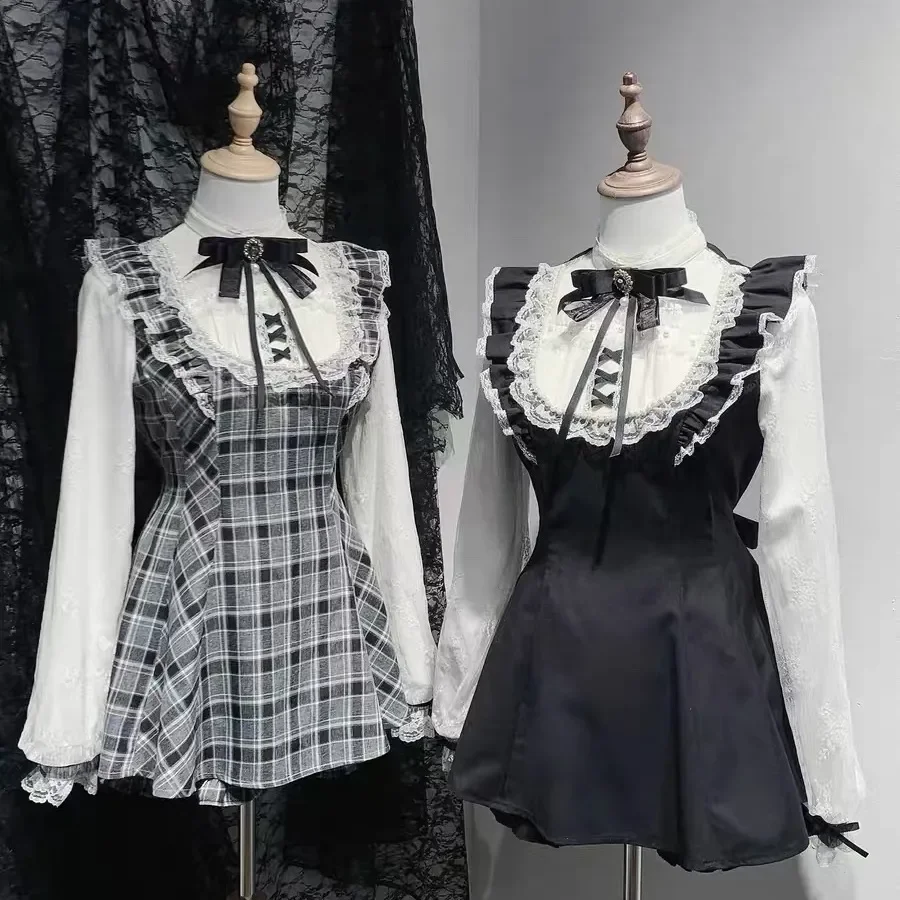 Japanisches Zweiteiliges Rock-Set für Damen, Vintage Kariert, Einfarbig, Spitze, Rüschen, Langarm, Schleifenkragen, Slim Fit, Y2K Gothic Streetwear Kleid 2026