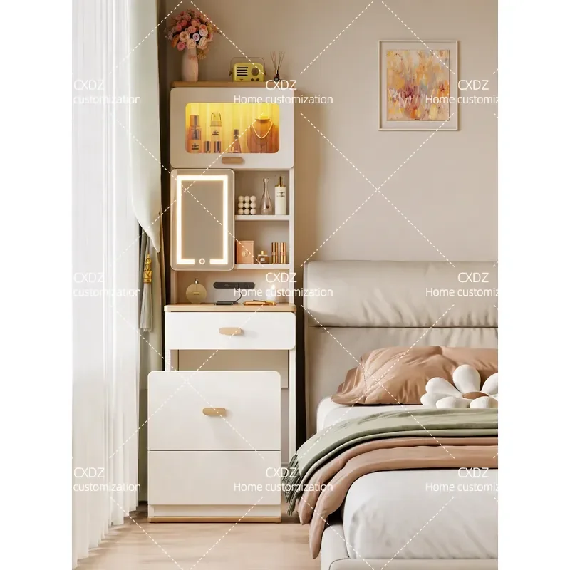 Solid wood dresser integrated bedside table 40cm wide cream wind bedroom small apartment makeup table with storage stool