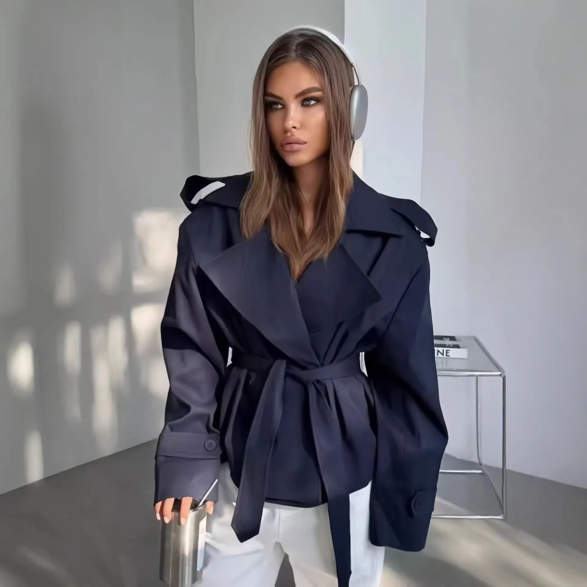 Belted Loose Fit Belt with Lightweight Regular Length Long Sleeve 3D Effect Pattern European and American Style Women Coat