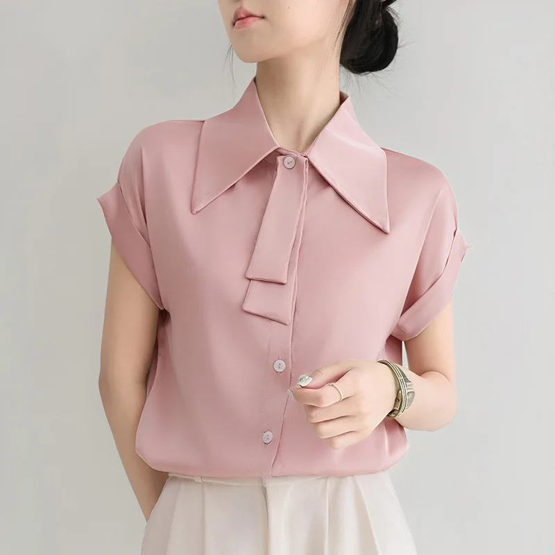 

Solid Color Chiffon Short Sleeve Shirt Women Casual Blouses Ribbon Decoration Korean Style Turn Down Collar Tops Slightly Loose
