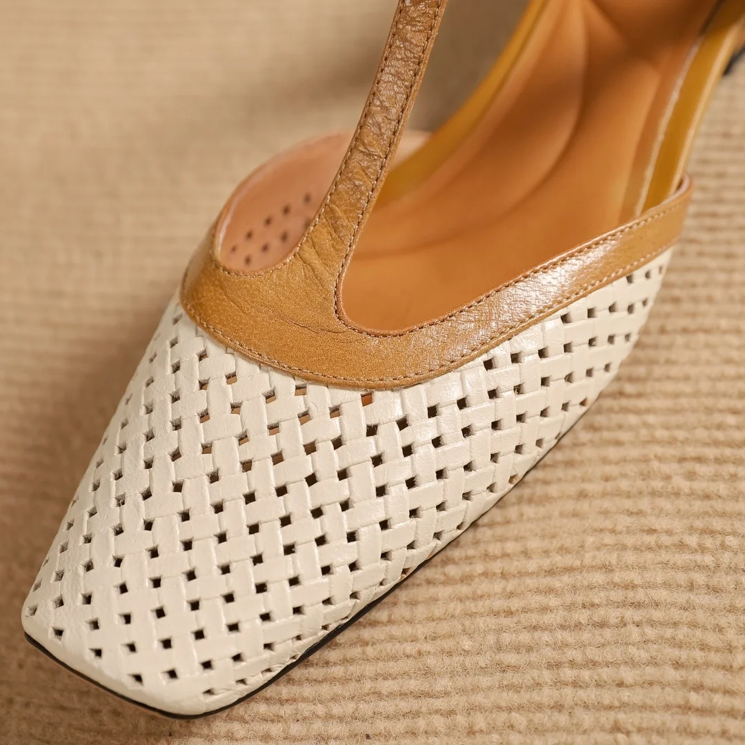 Plus size 41 women\'s hollow-out mix color patchwork slip-on t-strap sandals square toe elegant ladies kitten heel slides mules