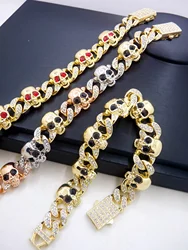 1pc Men's Bling All Diamonds Hip Hop Style Cool Tri-Color Skull Inlay Chain Bracelet Necklace.