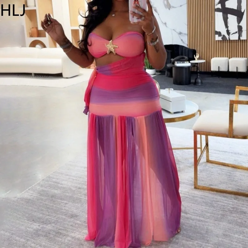 

HLJ Sexy Gradient Print Bodycon Long Dresses Women See Through Sleeveless Backless Dress Female Clubwear Vestidos 2025 New