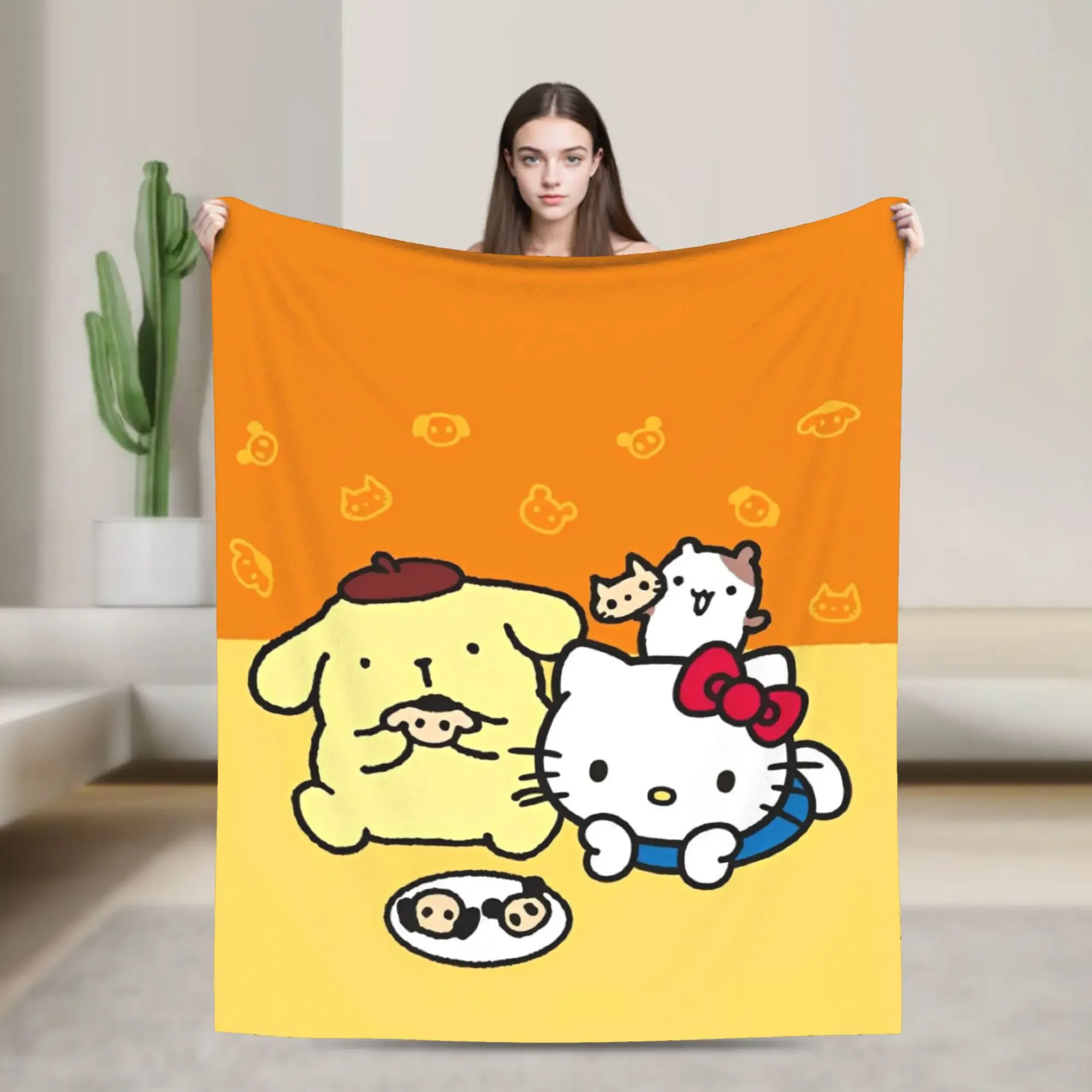 Linda Manta de Felpa de Coral con Pom Pom Purin y Hello Kitty, Ligera y Portátil, para Verano y Calefacción por Aire Acondicionado
