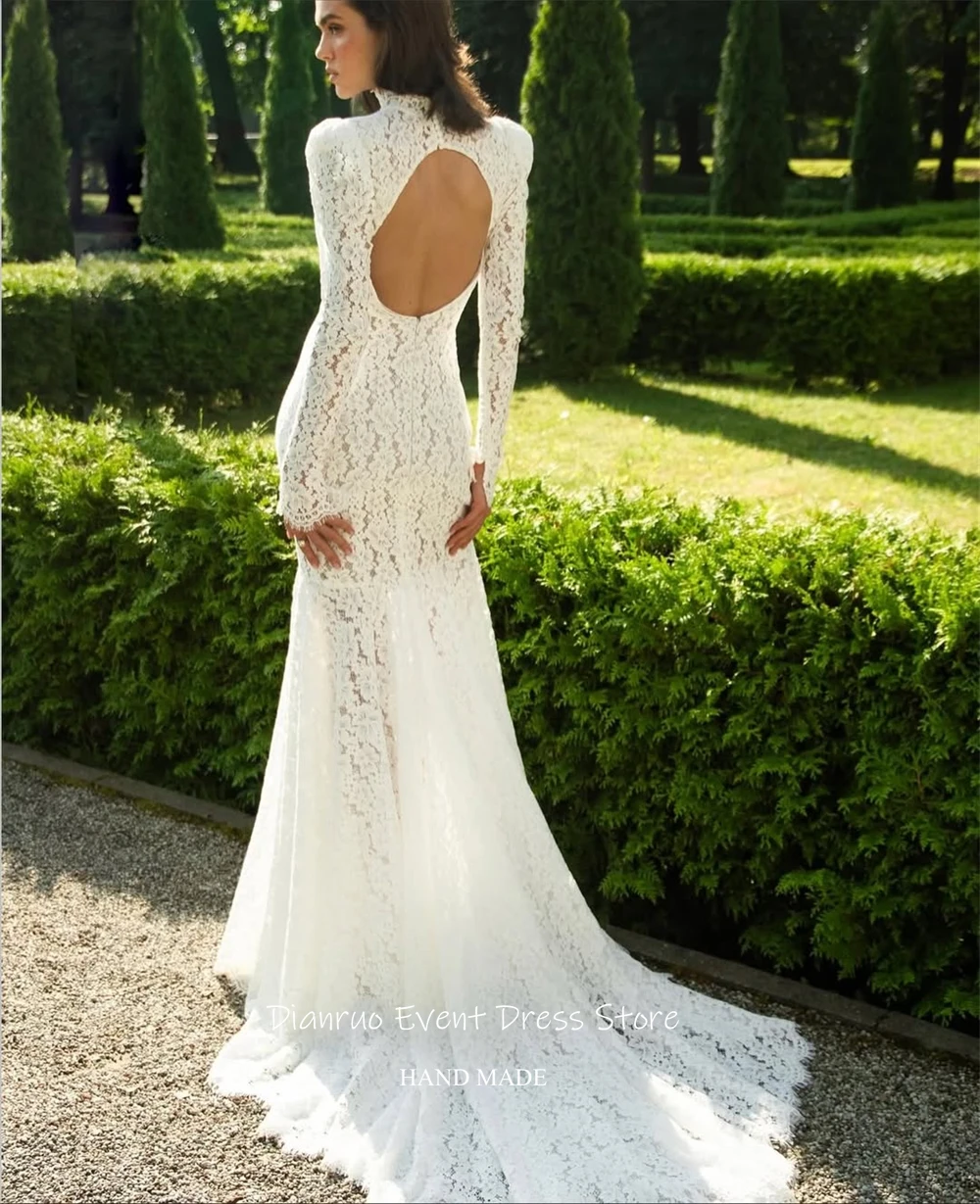 Dianruo Backless Long Sleeves Bridal Wedding Dress Floor Length Mermaid Vestido Novia Civil High Neck Robe De Mariée Customized