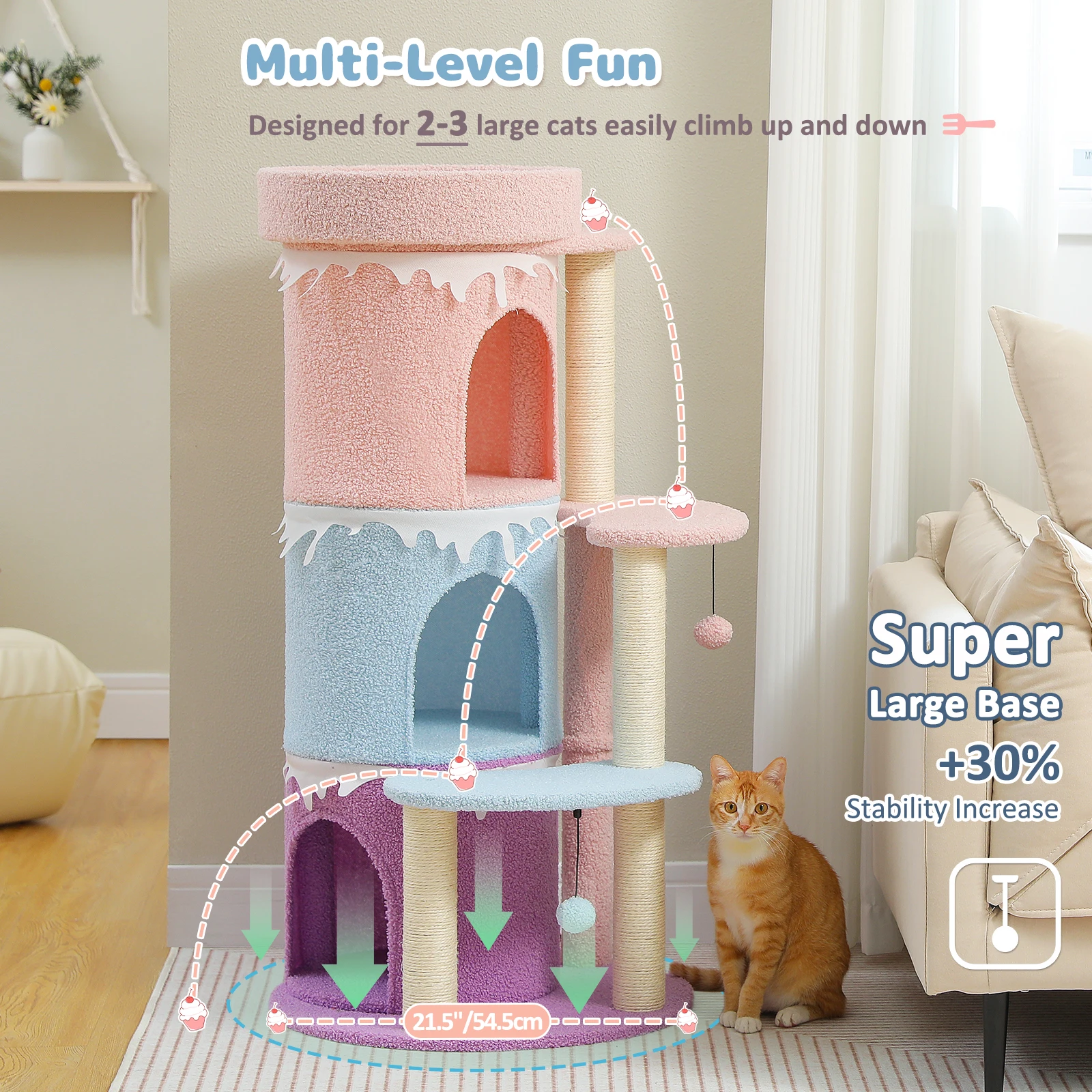 Multi-Level Cat Bed Cat House, Large Cat Condos for Indoor, Cute Cat Tree Tower with Sisal Scratching Posts, Pompoms, Kitten Toy