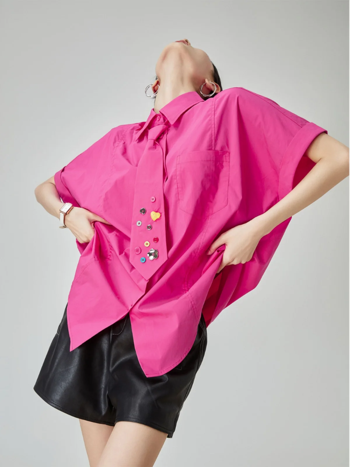 

Pink Polka Dot ort Sve irt Women's Summer 2025 New Sle Durable Button Versatile Chic Top Simple Faion Fit Polyester