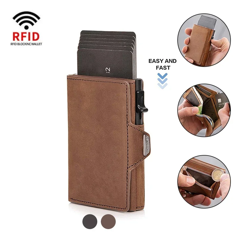 100% Cow Genuin Leather Rfid Credit Card Holder Men Wallets Coin Pocket Bank Cardholder Minimalist Wallet Metal Case Male Purse