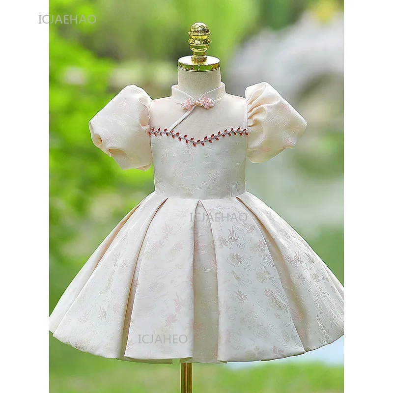Wed Dress Chinese Style Girls Party with Puff Sleeves Birthday Zhuazhou Gown Wear Toddler Formal Dresses Celebration Princess