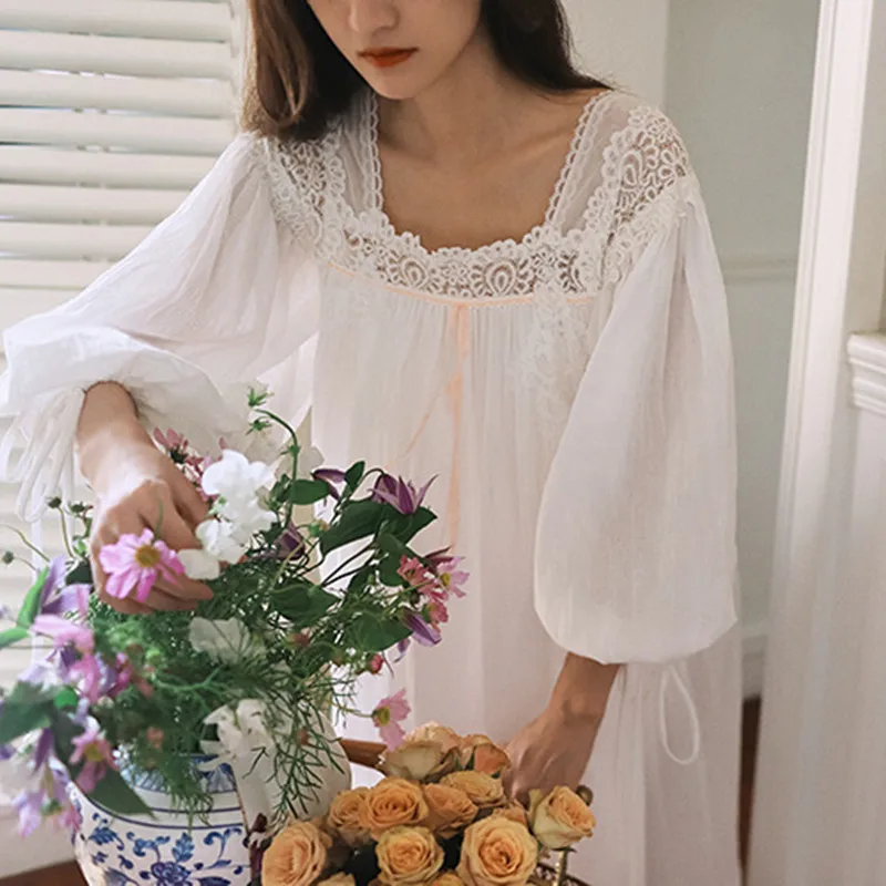 2024 Princess Victotria White Long Nightgowns French Sexy Lace Square Collar Nightdress Spring Full Sleeves Cotton Loose Nightie